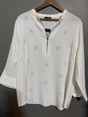 Ava & Grace White Zip-Front Top with Rhinestone Detail